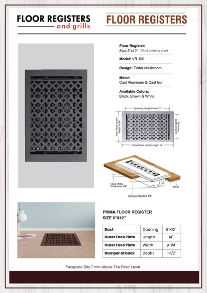 Cast Iron Floor Vent Cover / Register Size: 8” X 12” With Damper Top Faceplate Outer Size 9-1/4" X 14", Thickness 5 Mm, Handcrafted Tudor Mushroom Design (VR100)