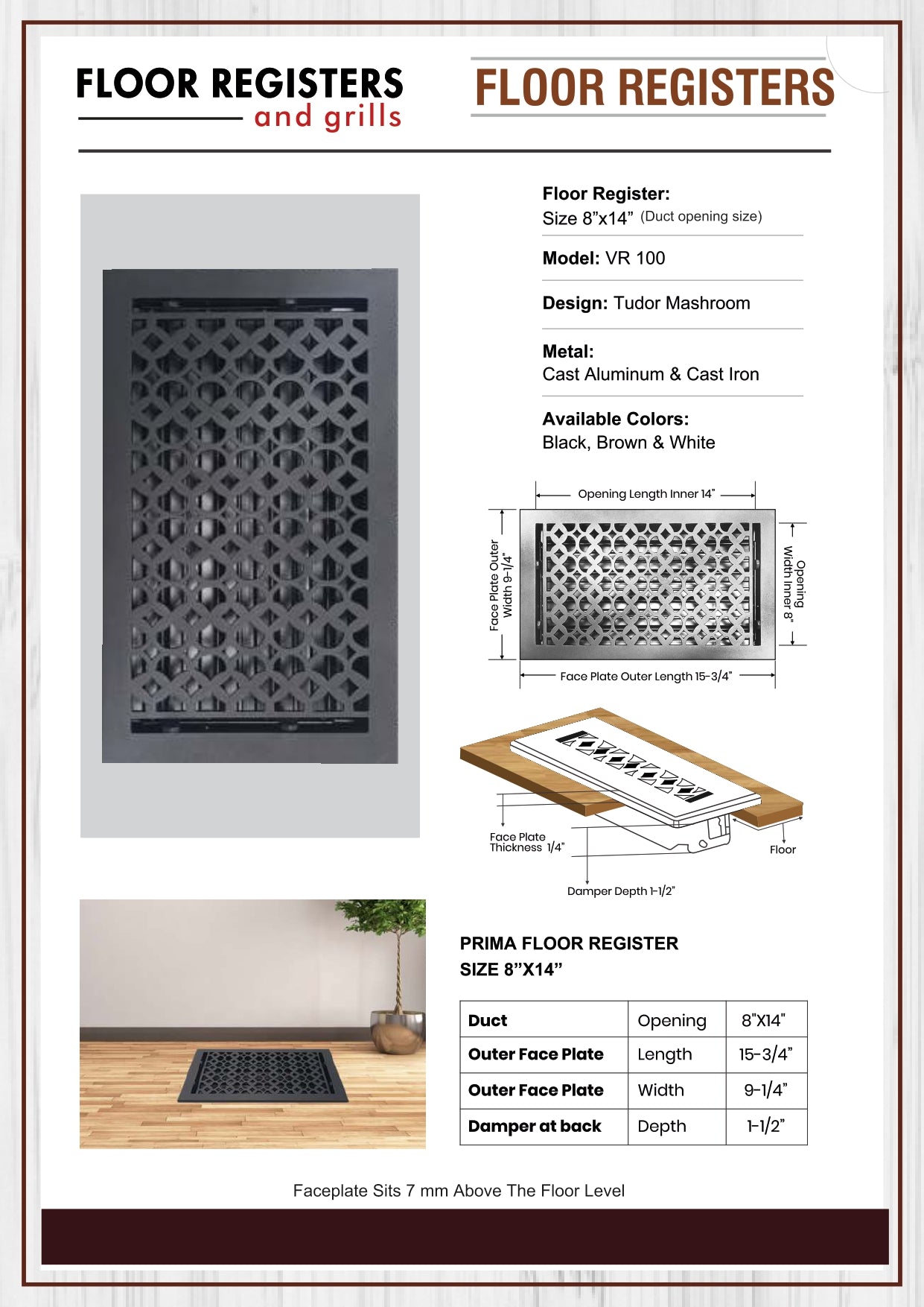 Cast Iron Floor Vent Cover / Register Size: 8” X 14” With Damper Top Faceplate Outer Size 9-1/4" X 15-3/4", Thickness 5 Mm, Handcrafted Tudor Mushroom Design (VR100)