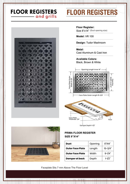 Cast Aluminum Floor Vent Cover / Register Size: 8” X 14” With Damper Top Faceplate Outer Size 9-1/4″ x 15-3/4″, Thickness 5 mm Handcrafted Tudor Mushroom Design (VR 100)