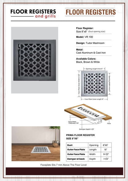 Cast Iron Floor Vent Cover / Register Size: 8” X 8” With Damper Top Faceplate Outer Size 9-1/2" X 10", Thickness 5 Mm, Handcrafted Tudor Mushroom Design (VR100)