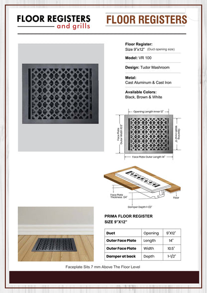 Cast Iron Floor Vent Cover / Register Size: 9” X 12” With Damper Top Faceplate Outer Size 10.5" X 14", Thickness 5 Mm, Handcrafted Tudor Mushroom Design (VR100)