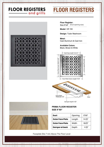 Cast Iron Floor Vent Cover / Register Size: 9” X 9” With Damper Top Faceplate Outer Size 10-1/2" X 11-1/2", Thickness 5 Mm, Handcrafted Tudor Mushroom Design (VR100)