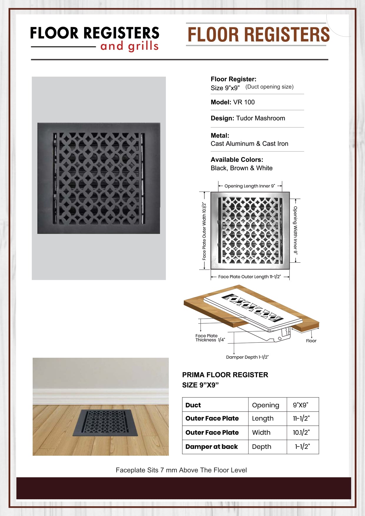 Cast Aluminum Floor Vent Cover / Register Size: 9” X 9” With Damper Top Faceplate Outer Size 10-1/2" X 11-1/2", Thickness 5 Mm, Handcrafted Tudor Mushroom Design (VR100)