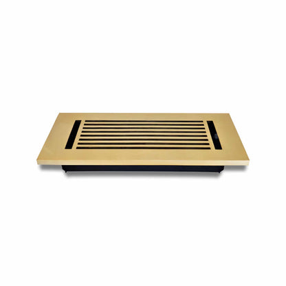 Floor Vent Cover / Register Size: 4” X 10” With Damper Top Faceplate Outer Size 6″ X 12”, Thickness 5 Mm, High-Quality Metal – Cast Aluminum Brushed Gold Powder Coated Re-Paintable For Floors, Walls, And Ceilings – Modern Linear Design (VR 109)